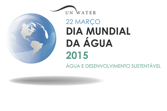 Logo destaca planeta terra ao lado da frase: 22 de março - Dia Mundial da Água 2015 - Água e desenvolvimento sustentável